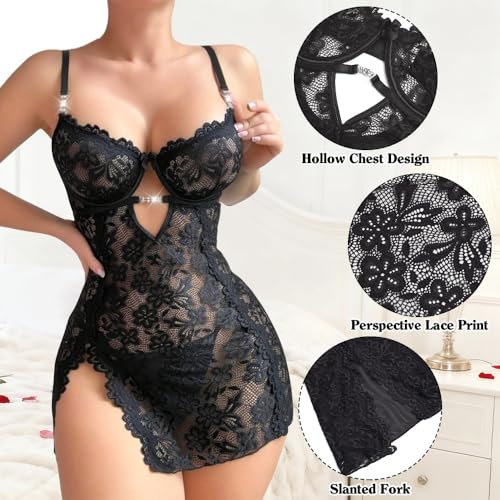 HOTSO Damen Negligee Sexy Dessous Babydoll Nachtwäsche Kleid V-Ausschnitt Vorderholung Spitze Transparente Unterwäsche Reizwäsche Set, Lingerie Teddy Babydoll Outfit Weihnachten Weihnachtsmann