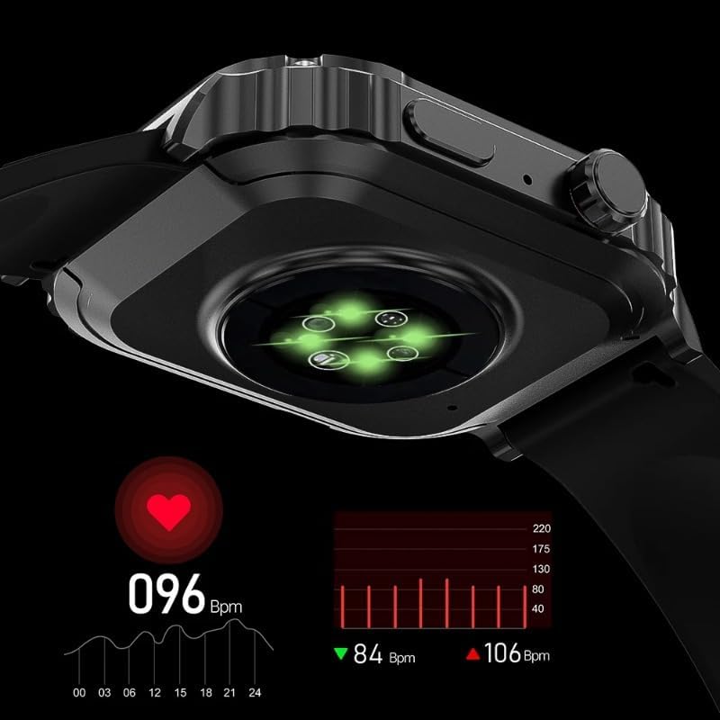 Close-up of the smartwatch's back with green LED sensors for heart rate monitoring, showing a heart rate reading of 96 Bpm and a graph.