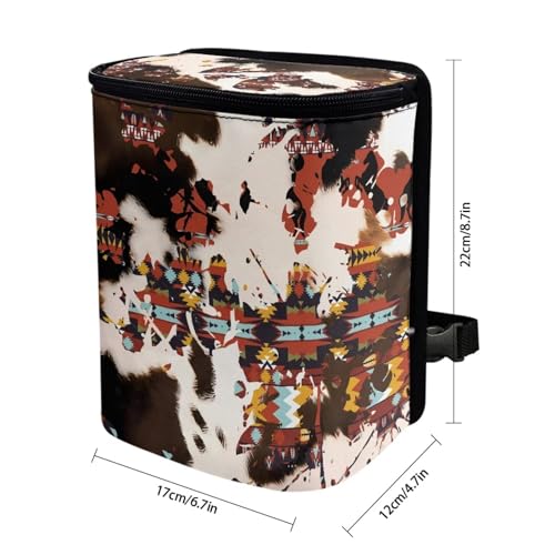 Image of Southwestern Aztec Cow Brown Car Trash Can Garbage Bin Leak Proof Waste Basket Bin with Lid,Portable Camping Garbage Container Fit Most Vehicle