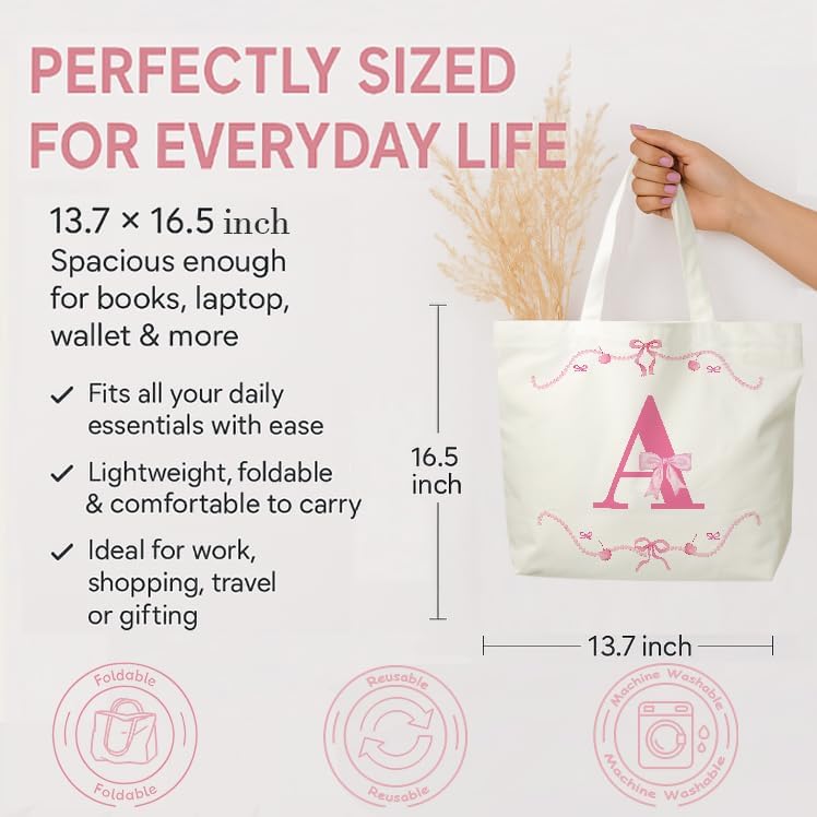 Monogram Canvas Totes with Cherry Bow Design, Reusable Cotton Tote Bag for Travel Shopping Beach - Image 3