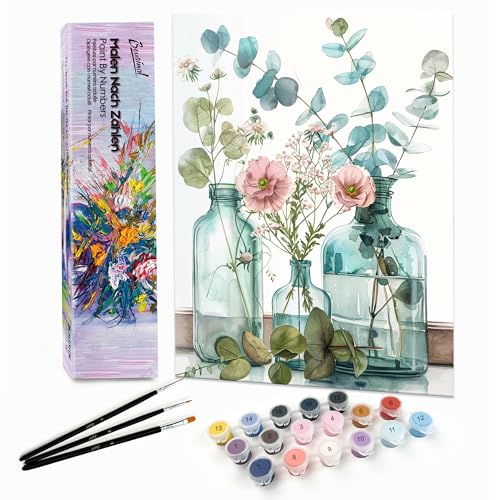 Bougimal Malen Nach Zahlen Erwachsene Landschaft Ohen Rahmen inklusive Pinsel und Acrylfarben - 28x35cm, Blumen 7