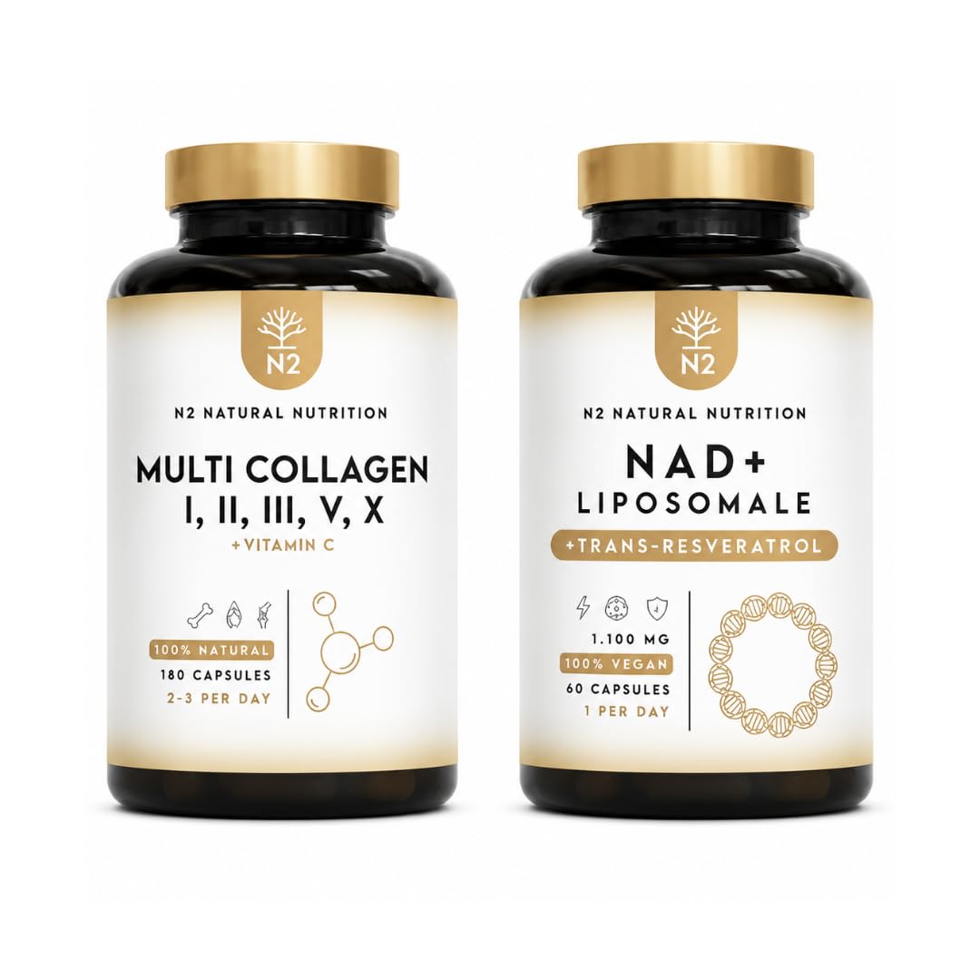 Multi Collagène Marin & Bovin 1650 mg + NAD+ Trans Resveratrol 1100 mg. Peptides Collagène Types I II III V X, Vitamine C & E. Peau, Articulations, Cellulaire. N2 Natural Nutrition