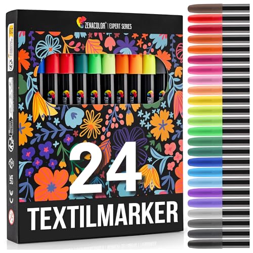 24 Textilstifte Waschmaschinenfest - Textilfarbe Waschmaschinenfest - Ungiftig, Waschfeste und Permanente Stoff Marker ideal für T-Shirts, Stofftaschen und andere Textilien - Für Kinder und Erwachsene