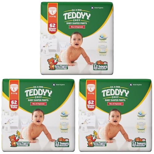 Image of TEDDYY Easy Baby L Size Diaper Pant Style | 62 Count (Large) | 9-14 kg (Pack of 3) | Long Protection Hours | Anti-Bacterial | Airy Breathable Fit | Rapid Soaker Channels & Wetness Indicator