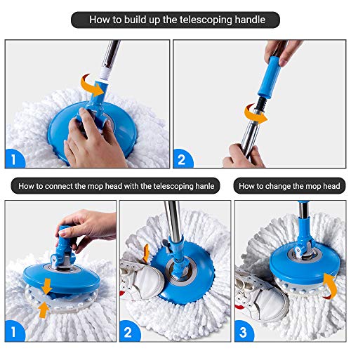 Masthome Mop and Bucket Set with Foot Pedal Microfiber Spin Mop for Floor Cleaning,3 Microfiber Mop Refills & 1 Floor Brush Head. - Thumbnail 4