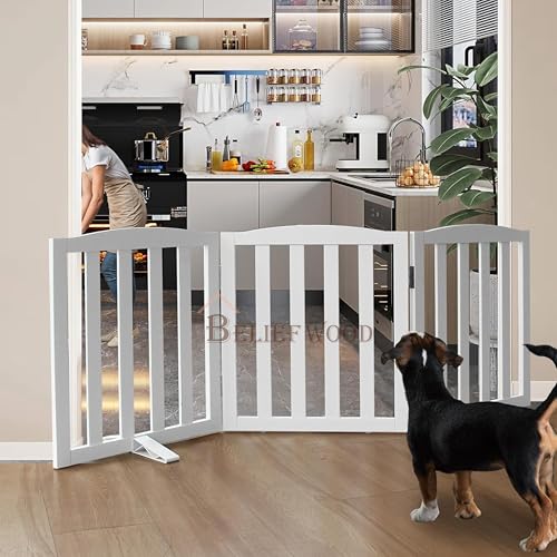 Image of Freestanding Pet Gate, Folding Safety Fence Wooden Kids & Dog Gate with 2PCS Support Feet Ideal for Stairs, Doorways, Halls, Kitchens, Indoors Gates, 24 inch(60 Cm), White (3 Panel)