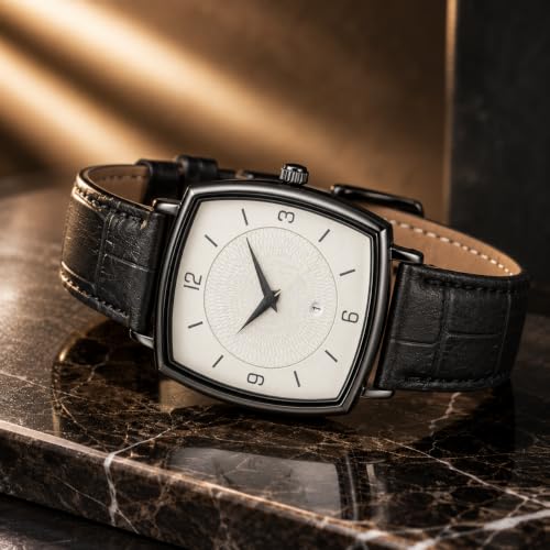 Image of Analog Watch for Man Black Leather Strap White Dial Luxury Rectangle Design