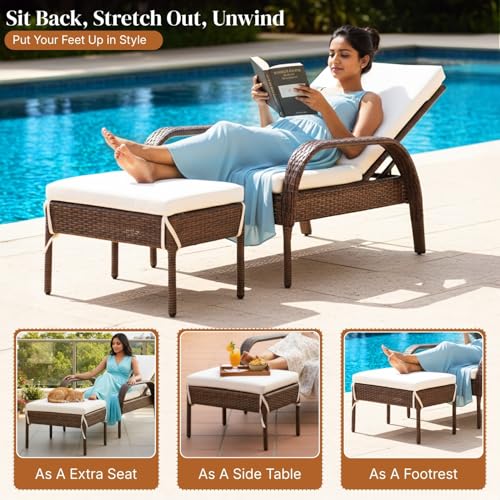 Image of DEVOKO Outdoor Wicker Patio Loung Chair with Ottoman Set All Weather HDPE Rattan Strong Metal Frame Weather Resistant Cushions for Poolside,Garden, Balcony (Dark Brown & White)