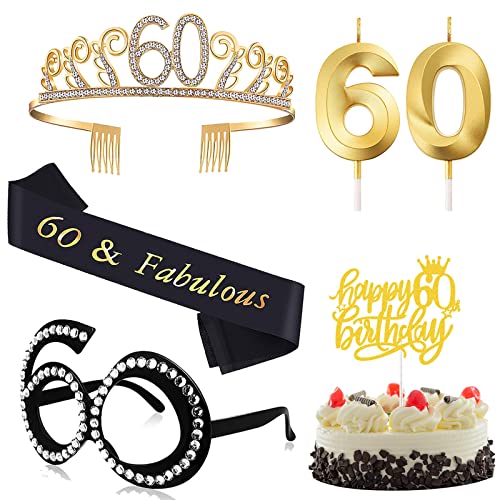 60th Birthday Gifts for Women 60 Years Old Birthday Tiara, Sash, Cake Topper, Candle and Glasses for 60th Birthday Party Decoration, 5 PCS