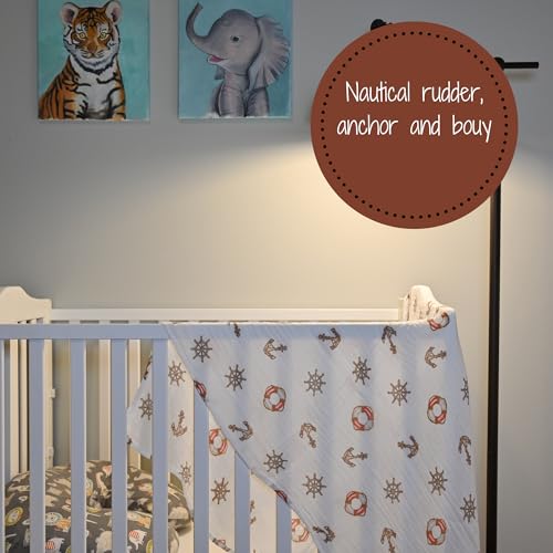 Image of LollyBanks Muslin Swaddle Blanket, 100% Muslin Cotton Gender Neutral Baby Blanket for Girls and Boys, 47 X 47 Inches Baby Receiving Blankets, Baby Essential, Registry (Boat Anchor Print)