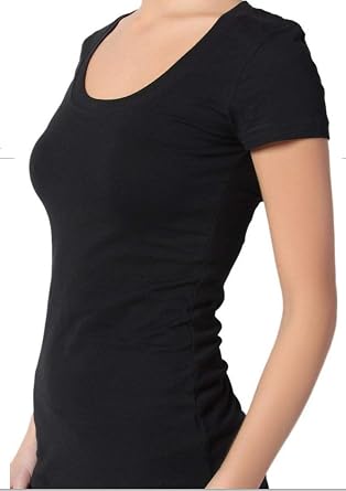 Active Basic Womens Plain Basic Deep Scoop Neck with Cap Short Sleeves - Black - X-Large