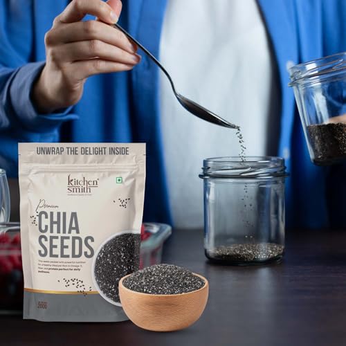 Image of KitchenSmith Premium Chia Seeds - 200gm | Raw Chia Seeds For Eating | Natural Plant-Based Seeds | Omega-3 Source | Everyday Superfood Use | Clean & Versatile Pantry Essential | Non-Roasted & Unsalted