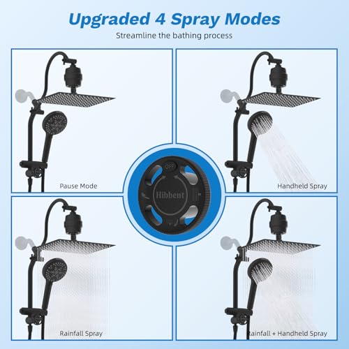 Image of Hibbent 12 inch Dual Filtered 10 inch Rainfall Shower Head with Handheld 10-Spray | High Pressure Metal Matte Black Showerhead Combo with Filter, Extension Arm with 4-way Diverter, 71'' Shower Hose & Holder