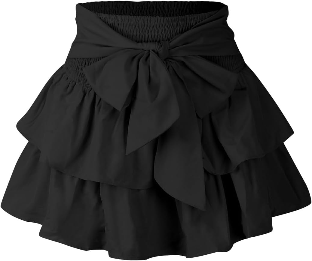 Women's Bow Front Mini Skirt High Shirred Waist Layered Ruffle Hem Short Cake Skirts