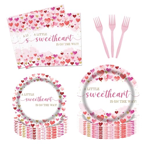 Fitumiw 96Pcs Valentines Sweetheart Baby Shower Party Tableware Supplies A Little Sweetheart is On The Way Plates and Napkins Love Hearts Party Set Decorations Serve 24 Guests