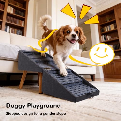Image of Dog ramp for Small Dogs, 2-in-1 Pet Steps & Ottoman - Foldable Dog ramp for Couch, Non-Slip Wooden Pet ramp for Puppy Senior Injured Dogs (Matte Black, XL(17.13H))