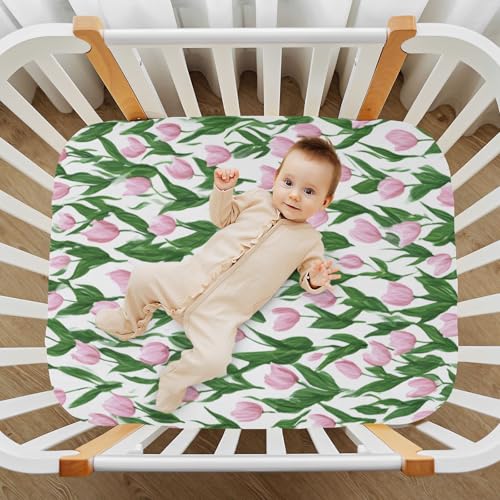 Image of Crib Sheet Breathable Soft Crib Mattress Sheet for Baby Toddler Boys Girls Fitted Crib Sheet Fit Standard Crib Mattress 39 x 27 Inch Small Tulips Pink