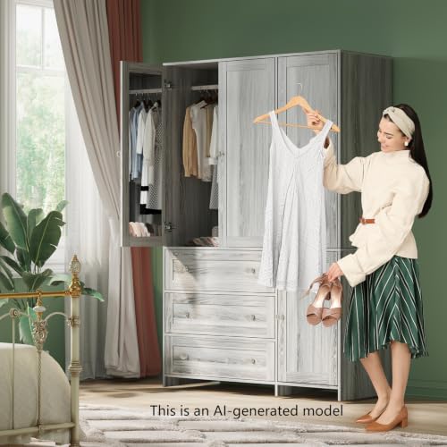 Image of VOWNER Armoire Wardrobe Closet with Drawers and Mirror, 71 inch Clothing Storage Cabinet with Hanging Rod, 4 Doors Wooden Wardrobe Cabinet for Bedroom, Large Capacity Storage (1, Gray Oak)