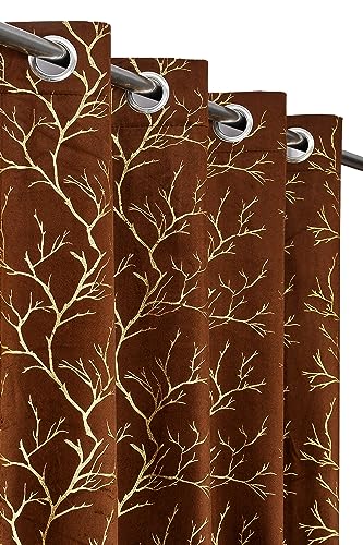 Galaxy Home Decor Premium Foil Leaf Print Velvet Fabric Curtains for Window 5 Feet, Pack of 2, Brown