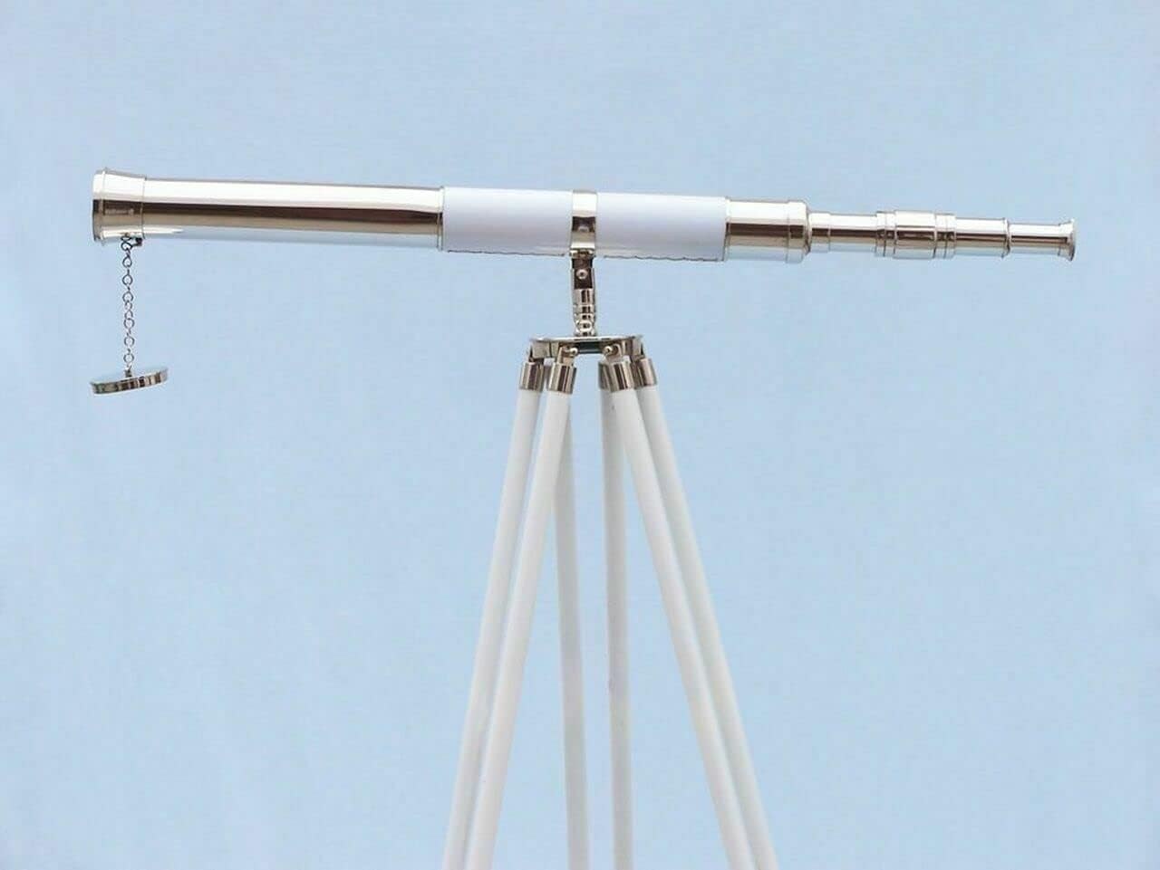 60" Floor Standing Admirals Chrome White Leather Telescope with Beautiful Wooden Tripod Stand; Fully Functional Nautical Home Decor Vintage Telescopes