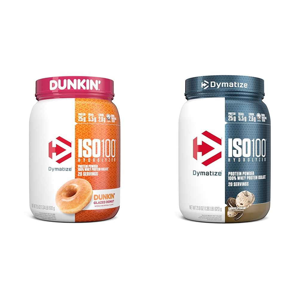 ISO100 Hydrolyzed Protein Powder, 100% Whey Isolate, Dunkin' Glazed Donut Flavor, 20 Servings & ISO100 Hydrolyzed Protein Powder, 100% Whey Isolate Protein, 25g of Protein, 5.5g BCAAs