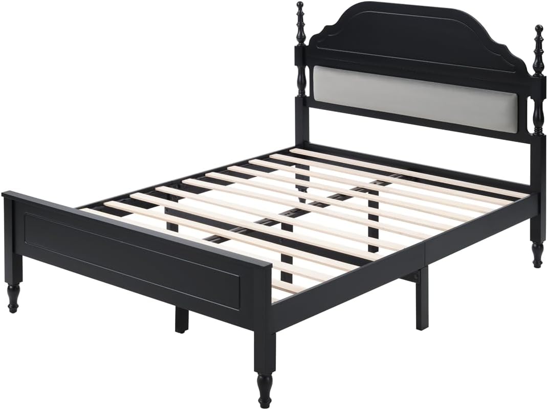 Queen Size Bed Frame, Platform Bed Frame with Upholstered Headboard and Wooden Slats Support, Easy Assembly, Black.