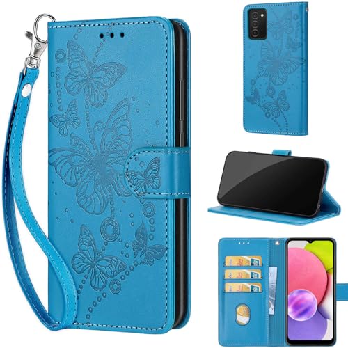 Designed for Samsung Galaxy A03s Case Wallet,Women Flip Folio Cover with Embossed PU Leather Stand Credit Card Holders Slots Wrist Strap Phone Case for Samsung A03s (Blue Butterfly)