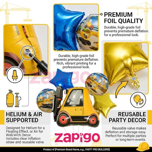 Image of Balloonistics Forklift Construction Theme Birthday Balloon Bouquet | Construction Birthday Party Decoration | Industrial Vehicle Party Balloon Set | Pack of 5