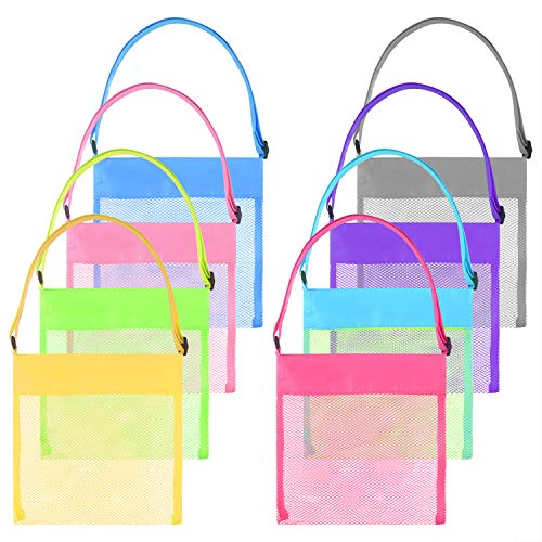 Tuparka 8 Pcs Colorful Mesh Beach Bags - Sea Shell Bags with Adjustable Carrying Straps for Kids