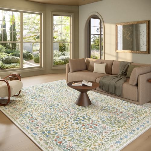 Image of Washable 8x10 Area Rug - Light Green Oriental Design for Living Room, Bedroom, Dining Room & Under Kitchen Table - Stain Resistant, Non-Slip Large Rug
