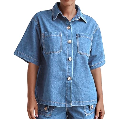Chemise en jean femme manches courtes col rabattu look casual printemps