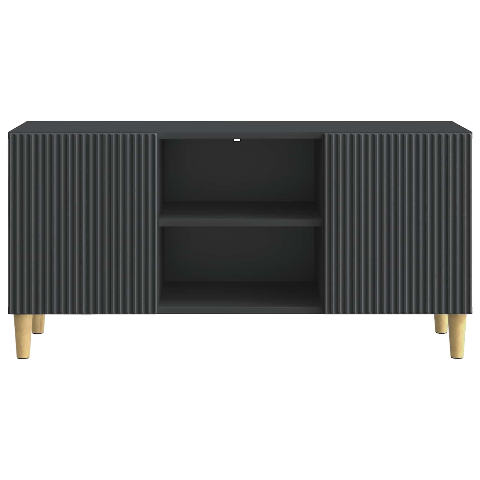 Mobile basso per TV, nero, 102 x 34,5 x 50 cm, in legno | Tavolino TV compatto con ante girevoli e ripiani per soggiorno e camera da letto. Gambe coniche stabili.