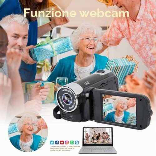 Videocamera per Videocamera Full HD 1080P, Zoom Digitale 16X da 16 MP, Schermo Ruotabile TFT da 2,7 Pollici, con Luce di Riempimento e Porta USB (Nero)