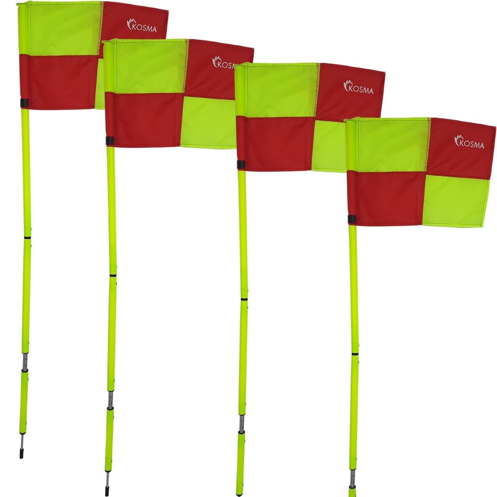 Kosma Confezione da 4 bandiere angolari pieghevoli con picchetto e molla, palo giallo 1,5 m x 25 mm con motivo a quadrante verde e rosso, bandiera e borsa per il trasporto