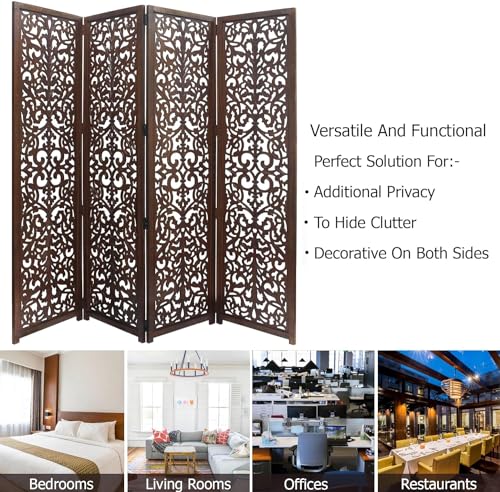 Image of Classic Wood and Craft Wooden Room Divider Partition for Living Room, Privacy Partition, Partition Wall, Divider for Makeup Studio /Office (4 Panels - Withoout Legs, Full Intricate Frame)