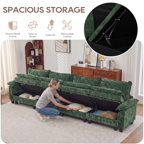 Image of IPKIG 151 inch Modular Cloud Couch with Storage, U Shaped Sectional Sofa with Ottoman & Pillow, Chenille Deep Seat Sectional Couches for Living Room, Apartment, Green