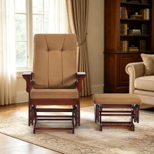 Image of Solid Wood Glider Rocking Chair & Ottoman Set, Perfect for Nursery & Nursing, Padded Cushion with Smooth Rocking Motion, Rustic Finish for Living Room Napping and Reading,Dark Brownish