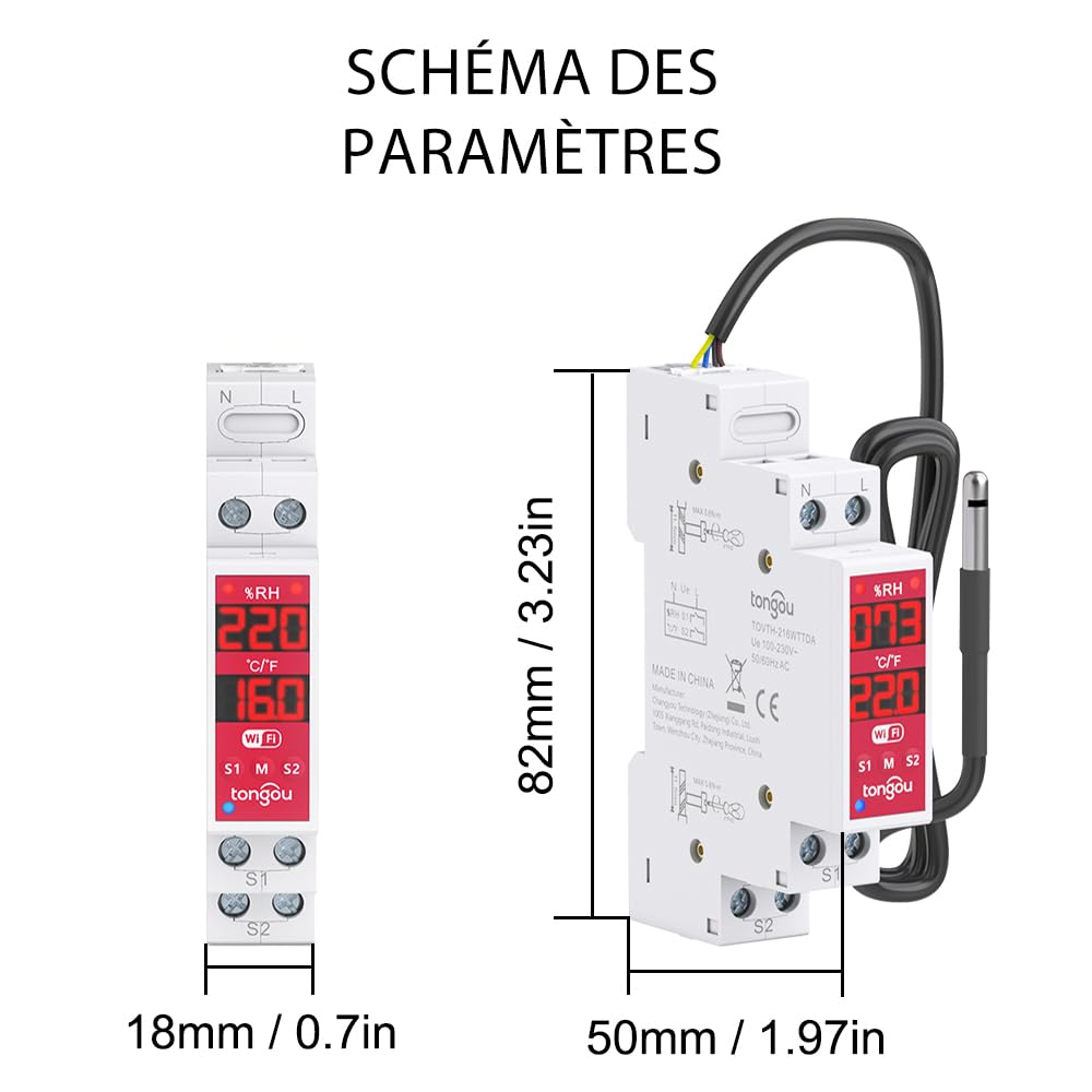 TONGOU to-Q-VTH Contrôleur de température avec sonde,WiFi Thermostat Interrupteur Connecté 16A Smart Switch Dry Contact