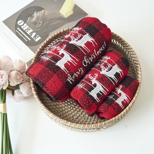 Marina Decoration Christmas Premium Luxury Decor Ultra Soft 100% Cotton Embroidered Bathroom Modern 3 Piece Towel Set, Red Black Plaid Xmas Reindeer and Tree Pattern