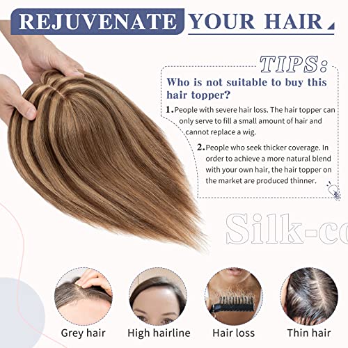 Silk-co 10inch Hair Topper for Thinning Hair Women Clip in Real Remy Human Hair Extensions Top Piece Base Size 10 * 12cm Silk+Lace Base (#4P27 Medium Brown&Dark Blonde) - Image 4