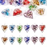 Craftdady 12Pcs Large Hole Lampwork Glass Heart Pendants 41-47x28-31mm Mixed Colors Handcrafted Gold Sand Love Heart Charms with Flower for Jewelry Making Hole: 4-8mm