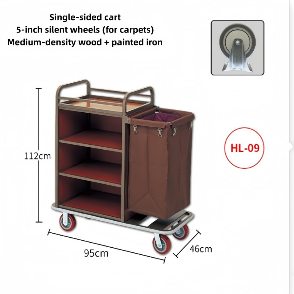 Carro de Limpieza, Carrito Comercial con 4 Ruedas y Compartimentos de Almacenamiento, para Limpieza de oficinas y hoteles, Resistente, Color marrón.