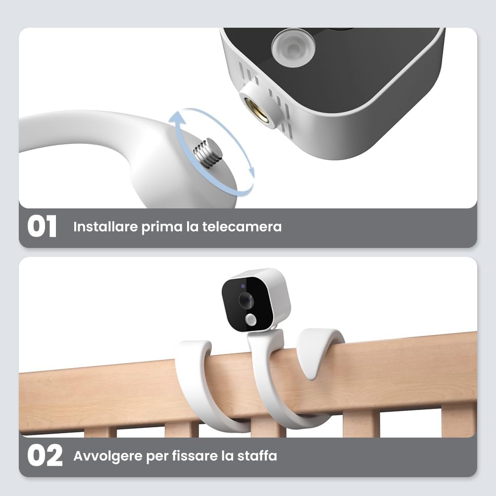 Step-by-step illustration showing how to first install the camera onto the support and then wrap the support to fix it in place.