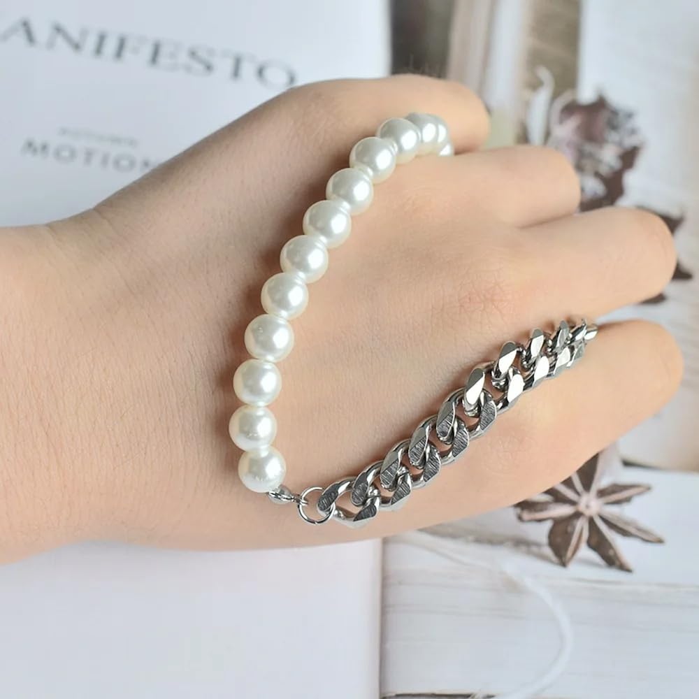 Sterlingsilber, natürlich, für Damen und Herren, Vintage-Armband – Punk-Schmucksets, Perlen-Halbketten-Halskette mit Initiale