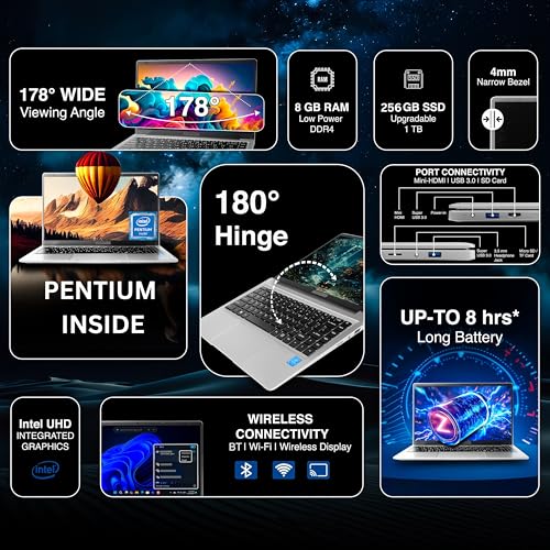 Ultimus Pentium Quad Core Laptop|Student & Office Work Laptop|Dual Storage SSD Expandable~1TB|1.2Kg|180° Hinge|Win 11 Home|8GB RAM 256GB|HDMI SD Card Slot | ‎Dual Speaker|Space Gray view 2