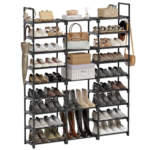 WOWLIVE 9 Tiers Large Shoe Rack Storage Organizer for Closet 50-55 Pairs Shoe Tower Unit Shelf Stackable Shoe Rack with Metal Pipes Plastic Connectors Black(SSS3B9)