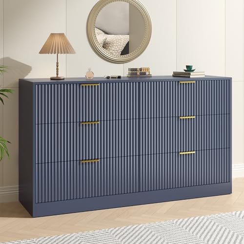 Image of Blue 6 Drawer Dresser for Bedroom,55 inch Wide Fluted Dresser with Gold Handles, Modern Chest of Drawer for Bedroom,Closet, Living Room, Entryway, Hallway(Blue,6 Drawer Dresser)