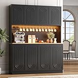 71' Black Kitchen Pantry with Power Outlet & LED Light, Large Kitchen Hutch Cabinet with Adjustable Shelf, Modern Buffet Cabinet with 8 Doors, Food Pantry Storage for Dining Room (Black 8 Doors)