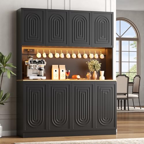 71" Black Kitchen Pantry with Power Outlet & LED Light,