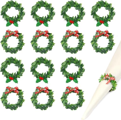 Itadaku 18 Pcs Round Christmas Napkin Rings with Red Berries Bow, Festive Table Decorations for Christmas, Thanksgiving, New Year, Wedding, and Valentine's Day